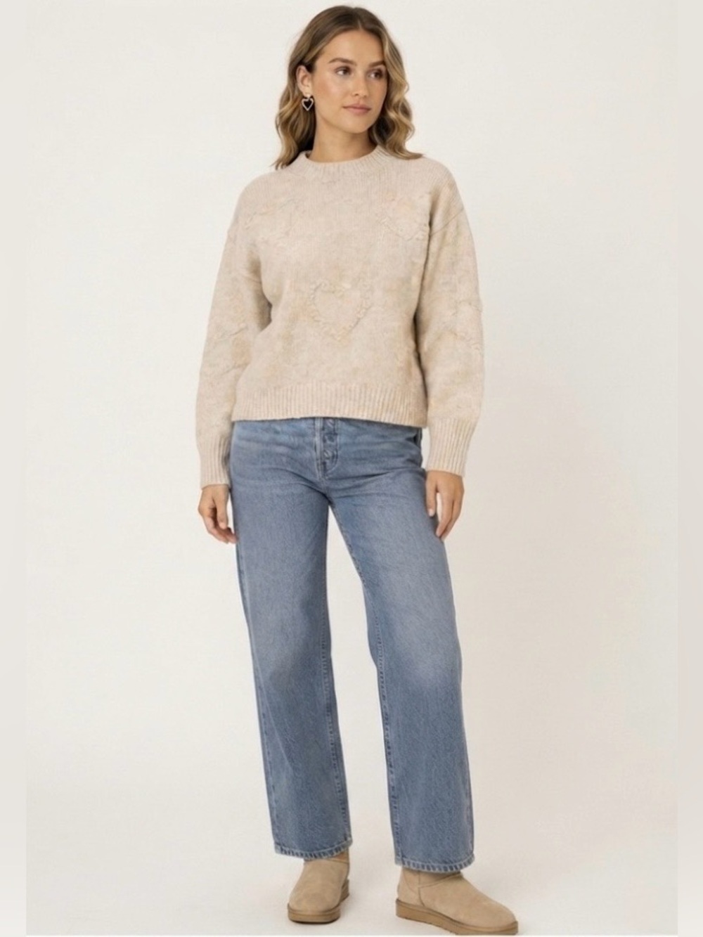 FRNCH Paris Cream Textured Heart Knit Crewneck Sweater Medium